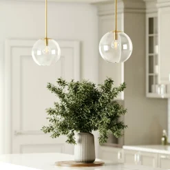 Aria 10" Clear Globe Pendant, Satin Brass