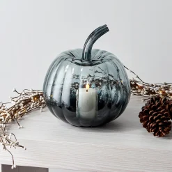 Black Ombre Glass Pumpkin with Flameless Candle