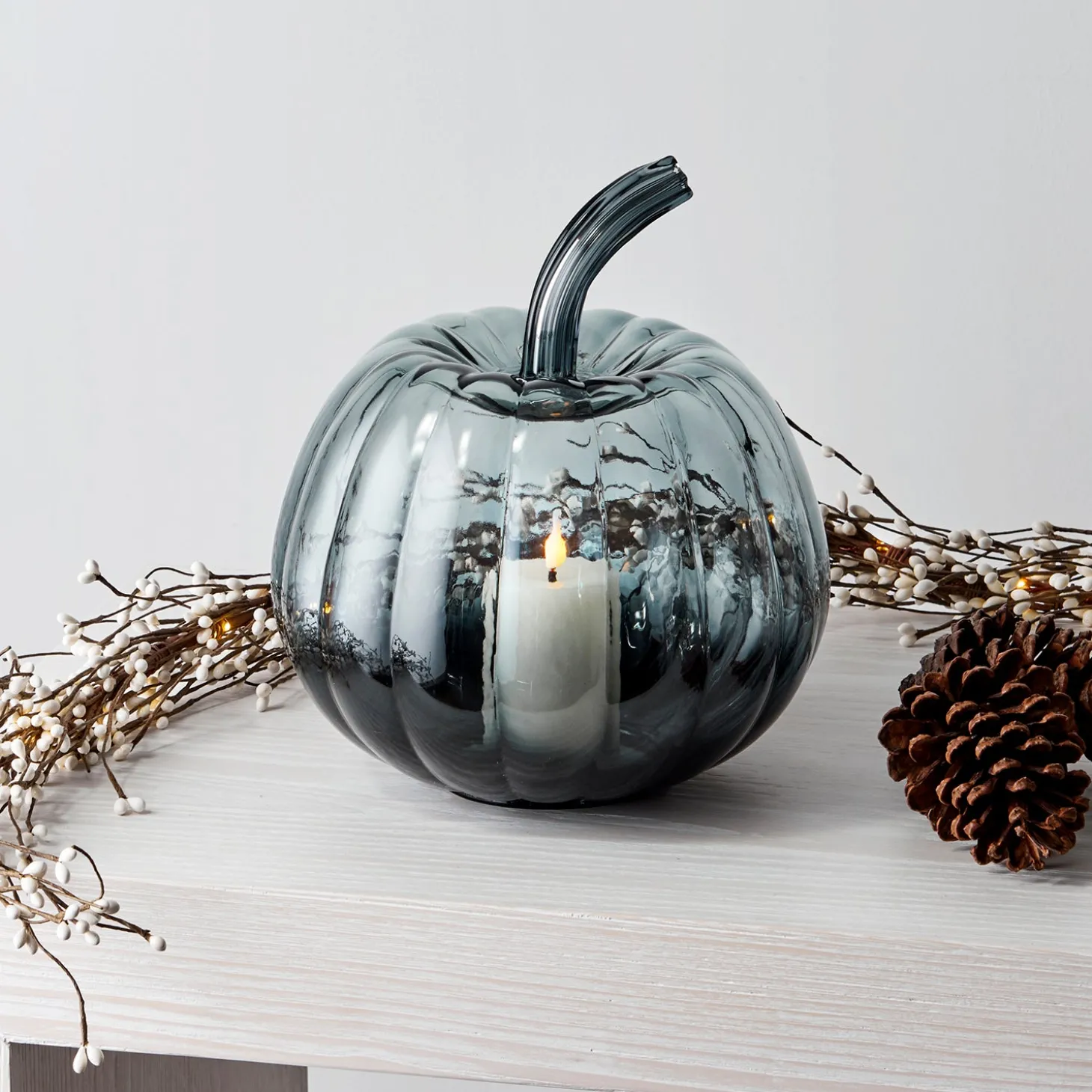 Black Ombre Glass Pumpkin with Flameless Candle