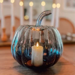 Black Ombre Glass Pumpkin with Flameless Candle