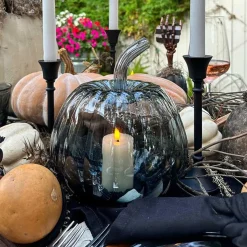 Black Ombre Glass Pumpkin with Flameless Candle