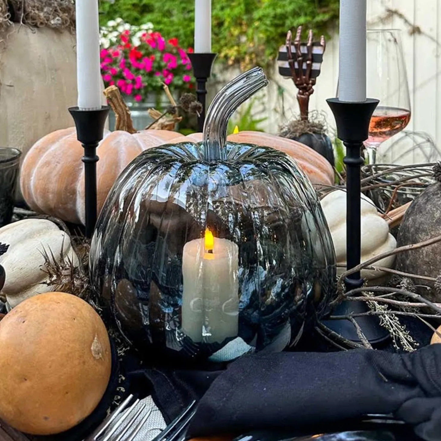 Black Ombre Glass Pumpkin with Flameless Candle