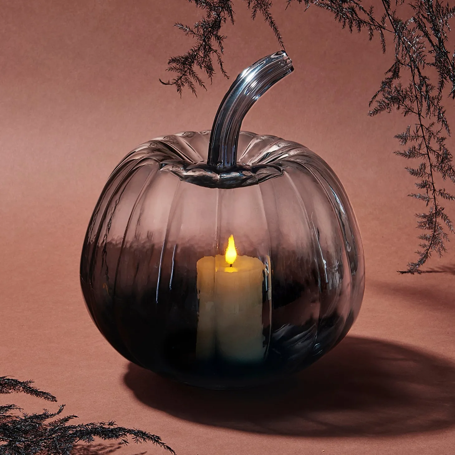 Black Ombre Glass Pumpkin with Flameless Candle