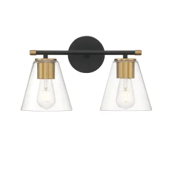 Carlisle 2 Light Vanity, Matte Black and Brushed Brass with Clear Glass
