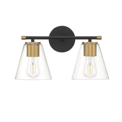 Carlisle 2 Light Vanity, Matte Black and Brushed Brass with Clear Glass