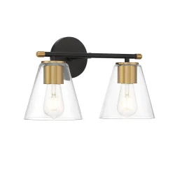 Carlisle 2 Light Vanity, Matte Black and Brushed Brass with Clear Glass