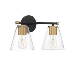 Carlisle 2 Light Vanity, Matte Black and Brushed Brass with Clear Glass