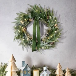 Cypress Winter Wreath with 100 LEDs and Velvet Bow