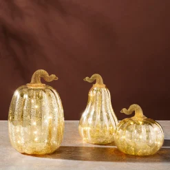 Gold LED Pumpkins with Mercury Glass Finish, Set of 3