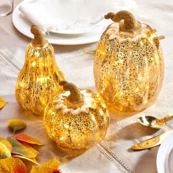 Gold LED Pumpkins with Mercury Glass Finish, Set of 3