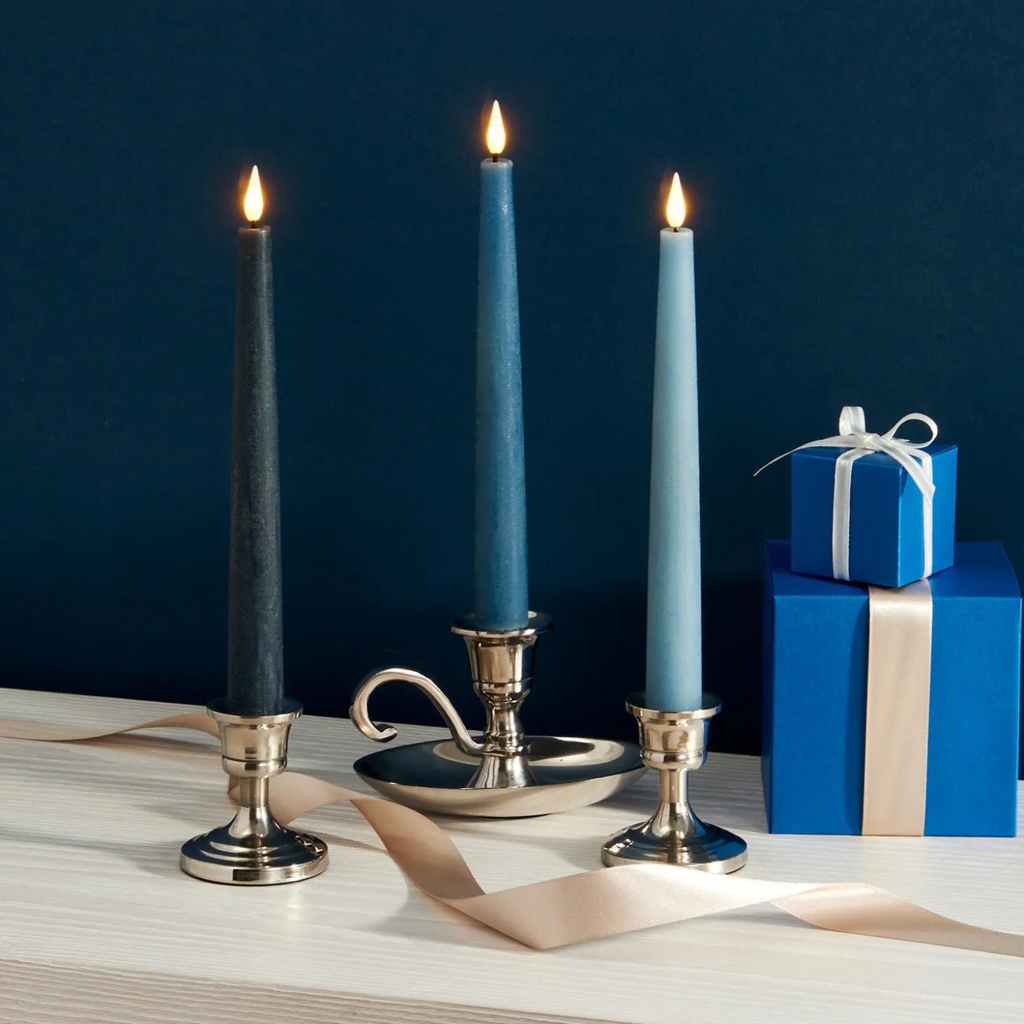 Infinity Wick Gradient Blues, Distressed 9" Taper Candles, Set of 3