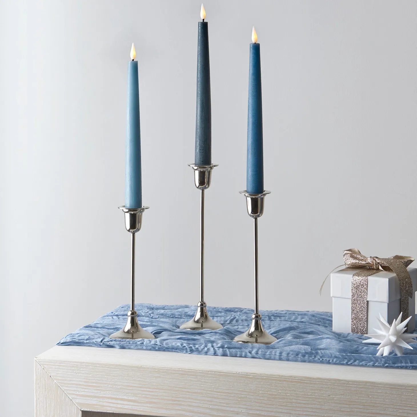 Infinity Wick Gradient Blues, Distressed 9" Taper Candles, Set of 3