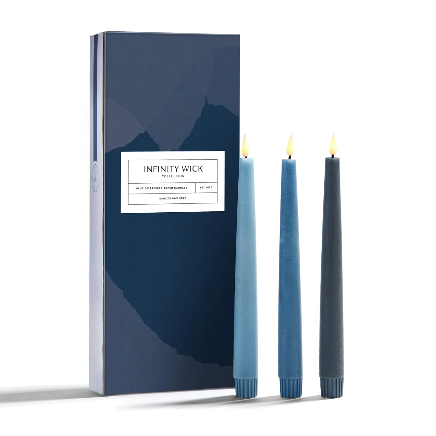 Infinity Wick Gradient Blues, Distressed 9" Taper Candles, Set of 3