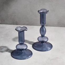 Lily Glass Candle Holders, Dusty Blue, Set of 2