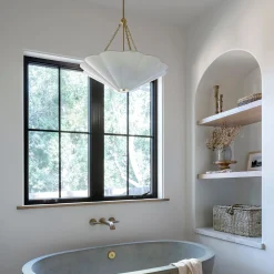 Liza Linen Pendant Light, White and Aged Brass