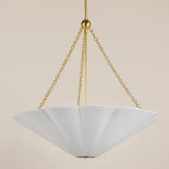 Liza Linen Pendant Light, White and Aged Brass