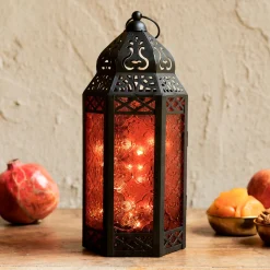 Marrakesh Lantern with String Lights, Red