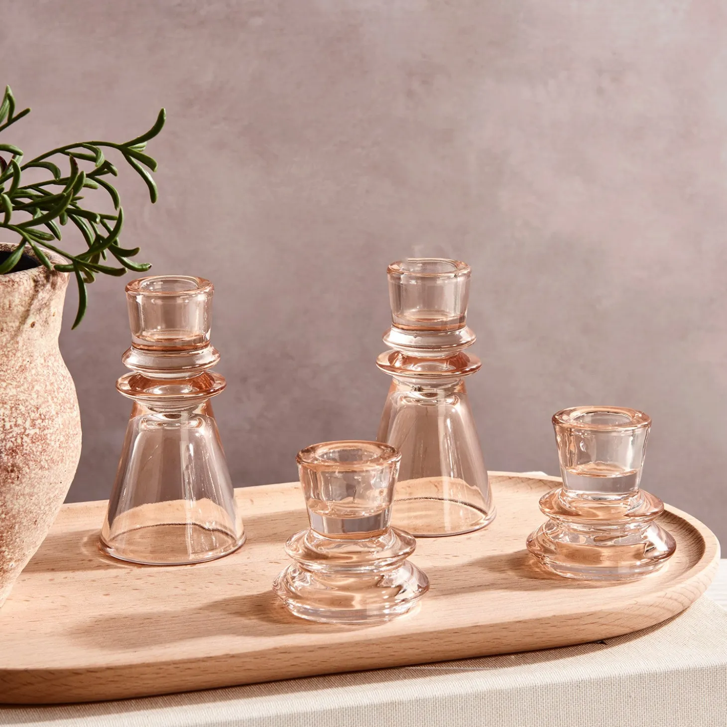 Millie Glass Taper Candle Holders, Set of 4, Blush