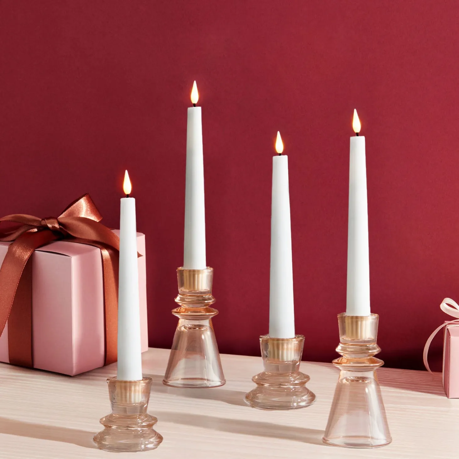 Millie Glass Taper Candle Holders, Set of 4, Blush