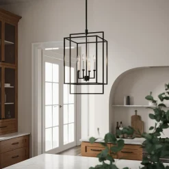 Open Box Noa 4 Light Pendant, Matte Black with White