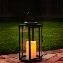 Open Box Rigel Hexagonal Metal Lantern with Solar LED Candle, Medium