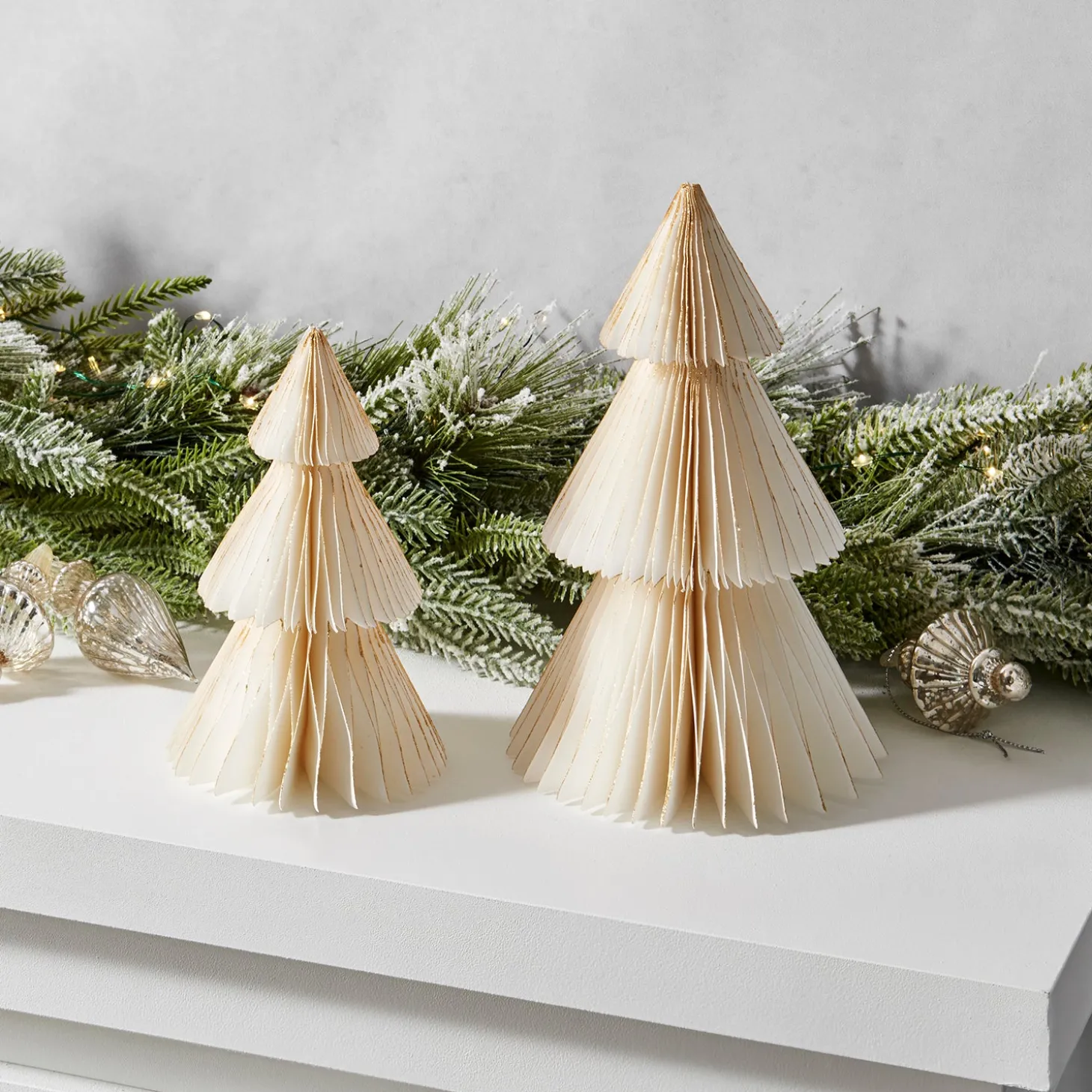 Pleated Paper Christmas Trees, Small Set of 2, Ivory