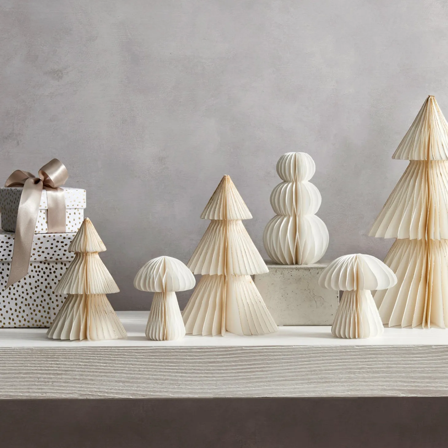 Pleated Paper Christmas Trees, Small Set of 2, Ivory